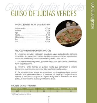 Guiso de JudíasVERDES
                 Verdes




                                                                                                         ecoalimentación
 GUISO DE JUDÍAS
            INGREDIENTES PARA UNA RACIÓN
            Judías verdes . . . . . . . . . . . . . . . . . . 100 gr.
            Patatas. . . . . . . . . . . . . . . . . . . . . . . 100 gr.
            Ajo. . . . . . . . . . . . . . . . . . . . . . . . . . . . 2 gr.
            Aceite . . . . . . . . . . . . . . . . . . . . . . . . . 5 ml.
            Almendras . . . . . . . . . . . . . . . . . . . . . 10 gr.
            Pan . . . . . . . . . . . . . . . . . . . . . . . . . . 25 gr.
            Sal . . . . . . . . . . . . . . . . . . . . . . . . . . 0,5 gr.




            PROCEDIMIENTO DE PREPARACIÓN
            1.- Limpiamos las judías verdes con abundante agua, quitándoles las partes no
            comestibles, las cortamos en trocitos, también pelamos y cortamos las patatas en
            trozos más o menos regulares no demasiado grandes y reservamos.
            2.- En una marmita (olla grande), ponemos un poco de agua con sal y ponemos a
            hervir las judías verdes.
            3.- Mientras tanto freímos las patatas hasta que comiencen a dorarse
            ligeramente, cuando estén bien escurridas las añadimos a las judías.
            4.- Por ultimo ponemos a dorar los ajos enteros, las almendras y el pan, cuando
            todo ello este ligeramente dorado lo retiramos del fuego y lo majamos en un
            mortero (o trituramos con ayuda de un poco de agua de la misma cocción de las
            judías), lo incorporamos al guiso y rectificamos de sal.


  APORTE DE NUTRIENTES
    Energía (kcal)              Proteína (g)               Ca (mg)             Vit C (mg)   Vit A ( g)
             267                       8                      82                  38           38
  * Vit A         Equivalente Retinol
                                                                       91
 