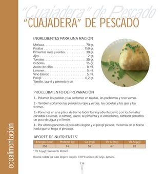 “Cuajadera” de Pescado
                  “CUAJADERA” DE PESCADO
                    INGREDIENTES PARA UNA RACIÓN
                    Merluza. . . . . . . . . . . . . . . . . . . . . . . . 70 gr.
                    Patatas . . . . . . . . . . . . . . . . . . . . . . . 150 gr.
                    Pimientos rojos y verdes. . . . . . . . . . . . 30 gr.
                    Ajos . . . . . . . . . . . . . . . . . . . . . . . . . . . 2 gr.
                    Tomates . . . . . . . . . . . . . . . . . . . . . . . 30 gr.
                    Cebollas . . . . . . . . . . . . . . . . . . . . . . . 15 gr.
                    Aceite de oliva . . . . . . . . . . . . . . . . . . . 8 ml.
                    Limones . . . . . . . . . . . . . . . . . . . . . . . . 5 ml.
                    Vino blanco . . . . . . . . . . . . . . . . . . . . . 5 ml.
                    Perejil. . . . . . . . . . . . . . . . . . . . . . . . . 0,2 gr.
                    Tomillo, laurel y pimienta y sal


                    PROCEDIMIENTO DE PREPARACIÓN
                    1.- Pelamos las patatas y las cortamos en ruedas, las pochamos y reservamos.
                    2.- También cortamos los pimientos rojos y verdes, las cebollas y los ajos y los
                    freímos.
                    3.- Ponemos en una placa de horno todos los ingredientes junto con los tomates
                    cortados a ruedas, el tomillo, laurel, la pimienta y el vino blanco, también ponemos
                    un poco de agua y el limón.
ecoalimentación




                    4.- Por último ponemos el pescado elegido y el perejil picado, metemos en el horno
                    hasta que se haga el pescado.

                    APORTE DE NUTRIENTES
                       Energía (kcal)           Proteína (g)               Ca (mg)     Vit C (mg)   Vit A ( g)
                              258                     14                     52           67           82
                    * Vit A       Equivalente Retinol

                    Receta cedida por Julia Ropero Ropero. CEIP Francisco de Goya. Almería.

                                                                     138
 
