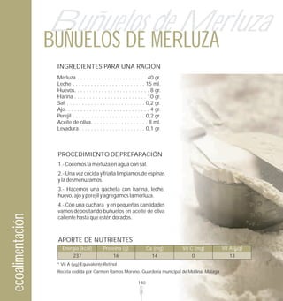 Buñuelos de Merluza
                  BUÑUELOS DE MERLUZA
                   INGREDIENTES PARA UNA RACIÓN
                   Merluza . . . . . . . . . . . . . . . . . . . . . . . 40 gr.
                   Leche . . . . . . . . . . . . . . . . . . . . . . . . 15 ml.
                   Huevos. . . . . . . . . . . . . . . . . . . . . . . . . 8 gr.
                   Harina . . . . . . . . . . . . . . . . . . . . . . . . 10 gr.
                   Sal . . . . . . . . . . . . . . . . . . . . . . . . . . 0,2 gr.
                   Ajo. . . . . . . . . . . . . . . . . . . . . . . . . . . . 4 gr.
                   Perejil . . . . . . . . . . . . . . . . . . . . . . . . 0,2 gr.
                   Aceite de oliva. . . . . . . . . . . . . . . . . . . 8 ml.
                   Levadura . . . . . . . . . . . . . . . . . . . . . . 0,1 gr.



                   PROCEDIMIENTO DE PREPARACIÓN
                   1.- Cocemos la merluza en agua con sal.
                   2.- Una vez cocida y fría la limpiamos de espinas
                   y la desmenuzamos.
                   3.- Hacemos una gacheta con harina, leche,
                   huevo, ajo y perejil y agregamos la merluza.
                   4.- Con una cuchara y en pequeñas cantidades
                   vamos depositando buñuelos en aceite de oliva
ecoalimentación




                   caliente hasta que estén dorados.



                   APORTE DE NUTRIENTES
                      Energía (kcal)           Proteína (g)               Ca (mg)     Vit C (mg)    Vit A ( g)
                             237                     16                      14           0            13
                   * Vit A       Equivalente Retinol
                   Receta cedida por Carmen Ramos Moreno. Guardería municipal de Mollina. Málaga.

                                                                    140
 