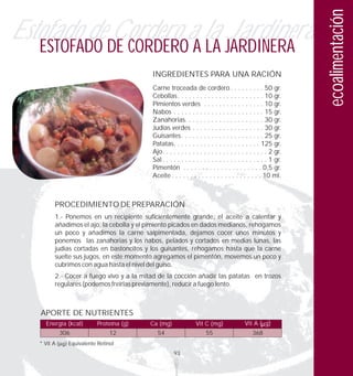 ecoalimentación
Estofado de DE CORDEROaA la Jardinera
   ESTOFADO
            Cordero LA JARDINERA
                                          INGREDIENTES PARA UNA RACIÓN
                                          Carne troceada de cordero . . . . . . . . . 50 gr.
                                          Cebollas. . . . . . . . . . . . . . . . . . . . . . . 10 gr.
                                          Pimientos verdes . . . . . . . . . . . . . . . . 10 gr.
                                          Nabos . . . . . . . . . . . . . . . . . . . . . . . . 15 gr.
                                          Zanahorias. . . . . . . . . . . . . . . . . . . . . 30 gr.
                                          Judías verdes . . . . . . . . . . . . . . . . . . . 30 gr.
                                          Guisantes. . . . . . . . . . . . . . . . . . . . . . 25 gr.
                                          Patatas. . . . . . . . . . . . . . . . . . . . . . . 125 gr.
                                          Ajo. . . . . . . . . . . . . . . . . . . . . . . . . . . . 2 gr.
                                          Sal . . . . . . . . . . . . . . . . . . . . . . . . . . . . 1 gr.
                                          Pimentón . . . . . . . . . . . . . . . . . . . . . 0,5 gr.
                                          Aceite . . . . . . . . . . . . . . . . . . . . . . . . 10 ml.



         PROCEDIMIENTO DE PREPARACIÓN
         1.- Ponemos en un recipiente suficientemente grande, el aceite a calentar y
         añadimos el ajo, la cebolla y el pimiento picados en dados medianos, rehogamos
         un poco y añadimos la carne salpimentada, dejamos cocer unos minutos y
         ponemos las zanahorias y los nabos, pelados y cortados en medias lunas, las
         judías cortadas en bastoncitos y los guisantes, rehogamos hasta que la carne
         suelte sus jugos, en este momento agregamos el pimentón, movemos un poco y
         cubrimos con agua hasta el nivel del guiso.
         2.- Cocer a fuego vivo y a la mitad de la cocción añadir las patatas en trozos
         regulares (podemos freírlas previamente), reducir a fuego lento.



   APORTE DE NUTRIENTES
     Energía (kcal)        Proteína (g)   Ca (mg)              Vit C (mg)               Vit A ( g)
             306                12          54                     55                       368
   * Vit A     Equivalente Retinol
                                                    93
 
