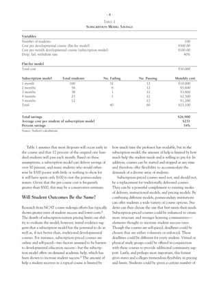 -4-
                                                            TABLE 1
                                                  SUBSCRIPTION MODEL SAVINGS

Variables
Number of students                                                                                               100
Cost per developmental course (flat-fee model)                                                               $500.00
Cost per month developmental course (subscription model)                                                     $100.00
Drop, fail, withdraw rate                                                                                       40%

Flat-fee model
Total cost                                                                                                   $50,000

Subscription model               Total students            No. Failing            No. Passing              Monthly cost
1 month                              100                       32                     12                    $10,000
2 months                               56                       6                     12                     $5,600
3 months                               38                       1                     12                     $3,800
4 months                               25                       1                     12                     $2,500
5 months                               12                                             12                     $1,200
Total                                                          40                     60                    $23,100


Total savings                                                                                                $26,900
Average cost per student of subscription model                                                                  $231
Percent savings                                                                                                  54%
Source: Author’s calculations.




    Table 1 assumes that most dropouts will occur early in      how much time the professor has available, but in the
the course and that 12 percent of the original one hun-         subscription model, the amount of help is limited by how
dred students will pass each month. Based on these              much help the student needs and is willing to pay for. In
assumptions, a subscription model can deliver savings of        addition, courses can be started and stopped at any time
over 50 percent, and many students who would other-             and therefore offer flexibility to accommodate the
wise be $500 poorer with little or nothing to show for          demands of a diverse array of students.
it will have spent only $100 to test the postsecondary             Subscription-priced courses need not, and should not,
waters. Given that the per-course cost is frequently            be a replacement for traditionally delivered courses.
greater than $500, this may be a conservative estimate.         They can be a powerful complement to existing modes
                                                                of delivery, instructional models, and pricing models. By
Will Student Outcomes Be the Same?                              combining different models, postsecondary institutions
                                                                can offer students a wide variety of course options. Stu-
Research from NCAT course redesign efforts has typically        dents can then choose the one that best meets their needs.
shown greater rates of student success and lower costs.8        Subscription-priced courses could be enhanced to create
The dearth of subscription-tuition pricing limits our abil-     more structure and stronger learning communities—
ity to evaluate the model; however, initial evidence sug-       elements thought to increase student success rates.
gests that a subscription model has the potential to do as      Though the courses are self-paced, deadlines could be
well as, if not better than, traditional developmental          chosen that are either voluntary or enforced. These
courses. For instance, subscription-priced courses are          deadlines could be different for every student. Virtual or
online and self-paced—two factors assumed to be barriers        physical study groups could be offered in conjunction
to developmental education success—but the subscrip-            with these courses to provide additional community sup-
tion model offers on-demand academic help, which has            port. Lastly, and perhaps most important, this format
been shown to increase student success.9 The amount of          gives states and colleges tremendous flexibility in pricing
help a student receives in a typical course is limited by       and limits. Students could be given a certain number of
 
