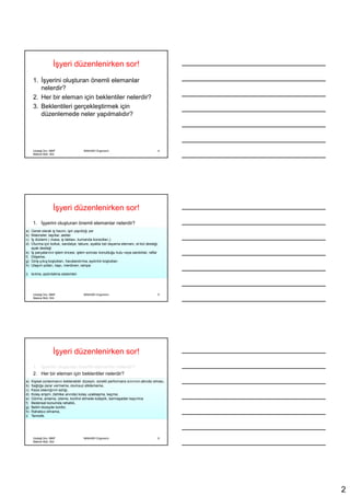 Đşyeri düzenlenirken sor!
      1. Đşyerini oluşturan önemli elemanlar
         nelerdir?
      2. Her bir eleman için beklentiler nelerdir?
      3. Beklentileri gerçekleştirmek için
         düzenlemede neler yapılmalıdır?




      Uludağ Ünv. MMF                 MAK4091 Ergonomi                               4
      Makine Müh. Böl.




                    Đşyeri düzenlenirken sor!
      1. Đşyerini oluşturan önemli elemanlar nelerdir?
a)   Genel Her bir hacmi, işin için beklentiler nelerdir?
       2. olarak iş eleman yapıldığı yer
b)   Makineler, taşıtlar, aletler
       3. Beklentileri gerçekleştirmek için düzenlemede neler
c)   Đş düzlemi ( masa, iş tablası, kumanda konsolları,)
d)          yapılmalıdır?
     Oturma için koltuk, sandalye, tabure, ayakta bel dayama elemanı, el-kol desteği,
     ayak desteği
e)   Đş parçalarının işlem öncesi, işlem sonrası konulduğu kutu veya sandıklar, raflar
f)   Döşeme,
g)   Giriş-çıkış boşlukları, havalandırma, aydınlık boşlukları
h)   Ulaşım yolları, kapı, merdiven, rampa

i) Isıtma, aydınlatma sistemleri




      Uludağ Ünv. MMF                 MAK4091 Ergonomi                               5
      Makine Müh. Böl.




                    Đşyeri düzenlenirken sor!
      1. Đşyerini oluşturan önemli elemanlar nelerdir?
      2. Her bir eleman için beklentiler nelerdir?
a)   KişiselBeklentileri gerçekleştirmek için performans sınırının altında olması,
      3. zorlanmanın beklenebilir düzeyin, sürekli düzenlemede neler
b)   Sağlığa zarar vermeme, olumsuz etkilememe,
            yapılmalıdır?
c)   Kaza olasılığının azlığı,
d)   Kolay erişim, (tehlike anında) kolay uzaklaşma, kaçma;
e)   Görme, anlama, izleme, kontrol etmede kolaylık, karmaşadan kaçınma
f)   Bedensel konumda rahatlık,
g)   Belirli düzeyde konfor,
h)   Rahatsız olmama,
i)   Temizlik.




      Uludağ Ünv. MMF                 MAK4091 Ergonomi                               6
      Makine Müh. Böl.




                                                                                         2
 