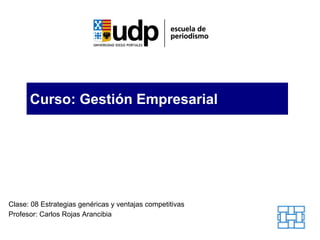 Curso: Gestión Empresarial




Clase: 08 Estrategias genéricas y ventajas competitivas
Profesor: Carlos Rojas Arancibia
 
