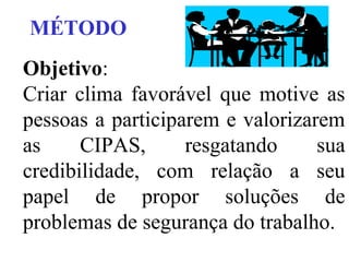 MÉTODO
Objetivo:
Criar clima favorável que motive as
pessoas a participarem e valorizarem
as
CIPAS,
resgatando
sua
credibilidade, com relação a seu
papel de propor soluções de
problemas de segurança do trabalho.

 