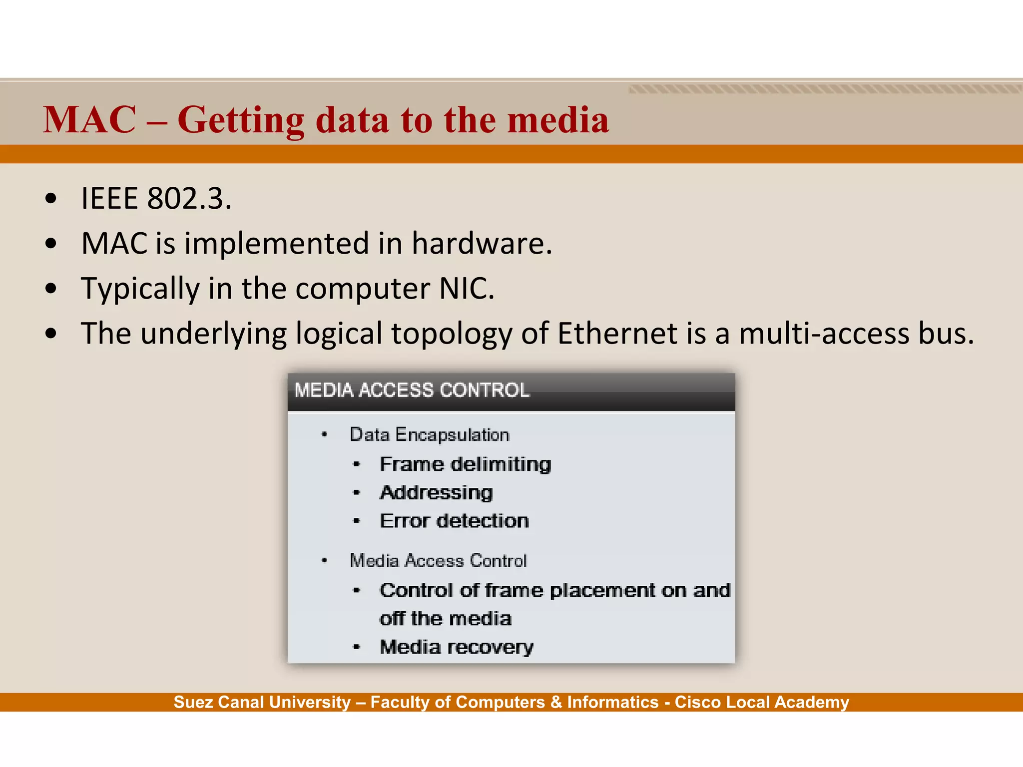 Suez Canal University – Faculty of Computers & Informatics - Cisco Local Academy
MAC – Getting data to the media
• IEEE 802.3.
• MAC is implemented in hardware.
• Typically in the computer NIC.
• The underlying logical topology of Ethernet is a multi-access bus.
 