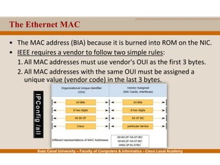 Suez Canal University – Faculty of Computers & Informatics - Cisco Local Academy
The Ethernet MAC
• The MAC address (BIA) because it is burned into ROM on the NIC.
• IEEE requires a vendor to follow two simple rules:
1. All MAC addresses must use vendor's OUI as the first 3 bytes.
2. All MAC addresses with the same OUI must be assigned a
unique value (vendor code) in the last 3 bytes.
 