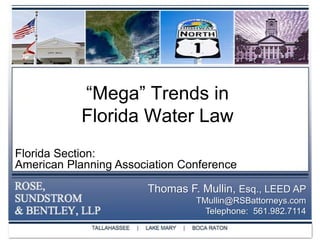 “Mega” Trends inFlorida Water Law Florida Section: American Planning Association Conference Thomas F. Mullin, Esq., LEED AP TMullin@RSBattorneys.com Telephone:  561.982.7114 