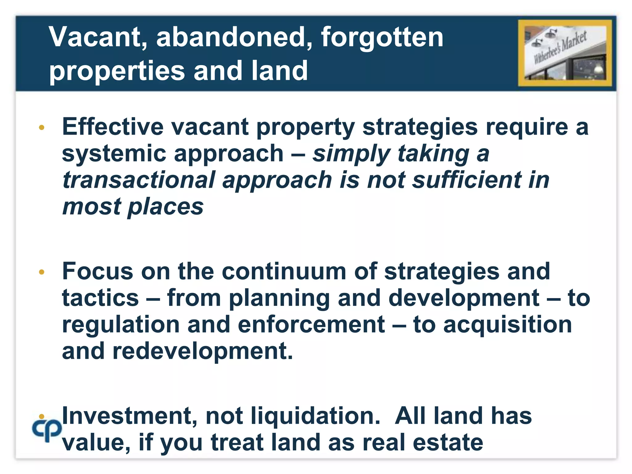 Currently engaged in over 50 cities across the country, including places in Michigan, Ohio, Pennsylvania, New York, Maryland, New Jersey, Tennessee, Georgia, Minnesota, Louisiana, Indiana, Illinois, Delaware.  Initial work in Florida, California, Colorado, Alabama, Arkansas.