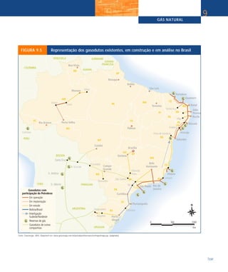 GÁS NATURAL
137
9
FIGURA 9.5 Representação dos gasodutos existentes, em construção e em análise no Brasil
Fonte: Gasenergia. 2003. Disponível em: www.gasenergia.com.br/portal/port/barraservico/mapa/mapa.jsp. (adaptado)
 