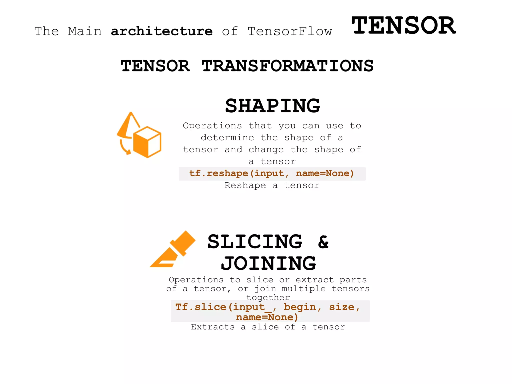 The Main architecture of TensorFlow TENSOR
TENSOR TRANSFORMATIONS
SHAPING
Operations that you can use to
determine the shape of a
tensor and change the shape of
a tensor
tf.reshape(input, name=None)
Reshape a tensor
SLICING &
JOINING
Operations to slice or extract parts
of a tensor, or join multiple tensors
together
Tf.slice(input_, begin, size,
name=None)
Extracts a slice of a tensor
 