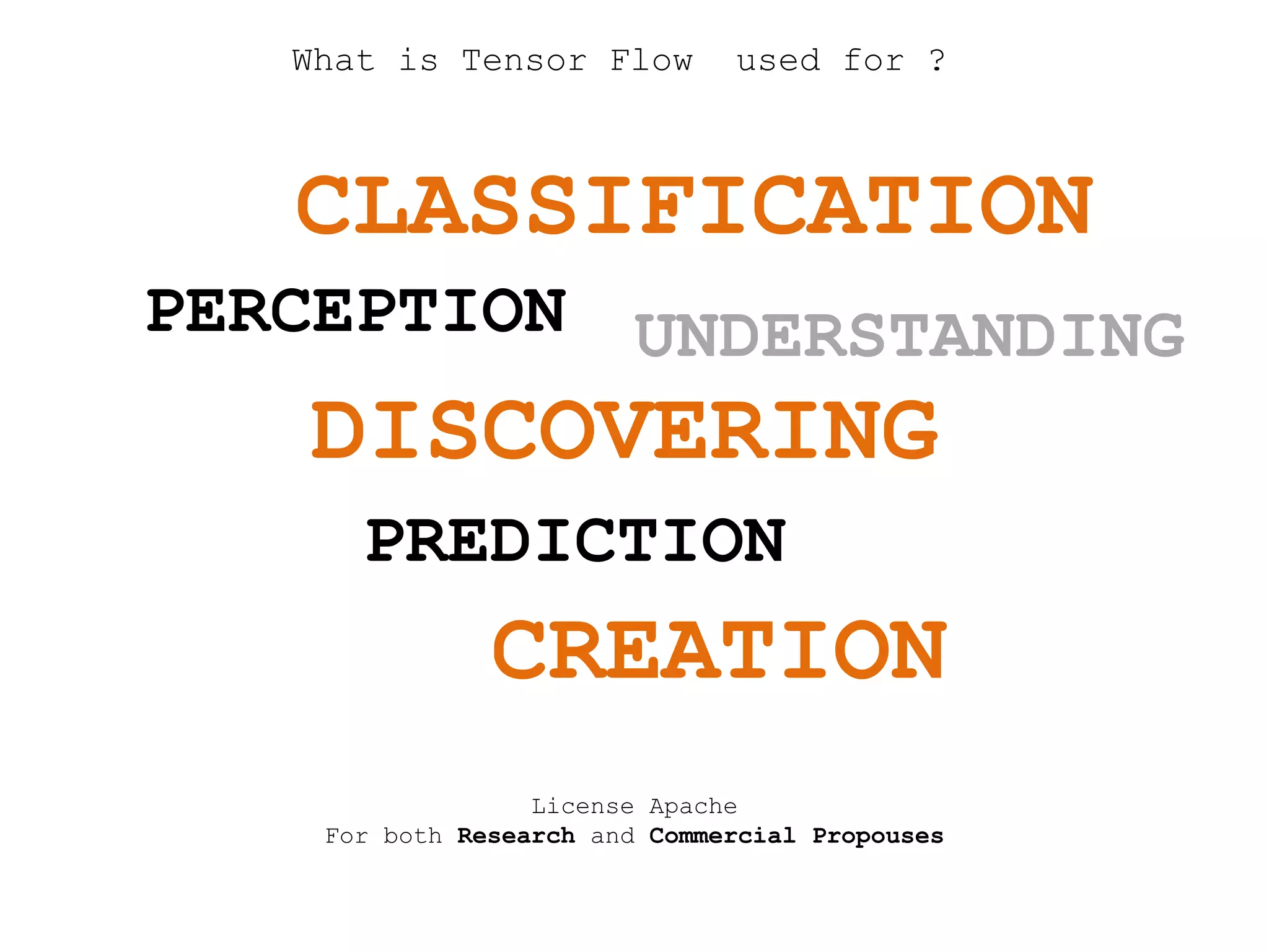 What is Tensor Flow used for ?
PERCEPTION
License Apache
For both Research and Commercial Propouses
DISCOVERING
UNDERSTANDING
PREDICTION
CREATION
CLASSIFICATION
 