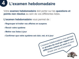 4    L’examen hebdomadaire
Votre examen hebdomadaire doit porter sur les questions et
points non résolus au sein de vos différentes listes.

L’examen hebdomadaire vous permet de :
- Regrouper et traiter vos affaires en suspens

- Revoir votre système

- Mettre vos listes à jour

- Confirmer que votre système est clair, net, et à jour
 