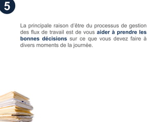 5
    La principale raison d’être du processus de gestion
    des flux de travail est de vous aider à prendre les
    bonnes décisions sur ce que vous devez faire à
    divers moments de la journée.
 