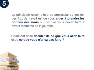 5
    La principale raison d’être du processus de gestion
    des flux de travail est de vous aider à prendre les
    bonnes décisions sur ce que vous devez faire à
    divers moments de la journée.


    Comment donc décider de ce que vous allez faire
    et de ce que vous n’allez pas faire ?
 