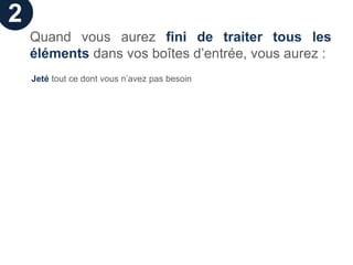 2
    Quand vous aurez fini de traiter tous les
    éléments dans vos boîtes d’entrée, vous aurez :
    Jeté tout ce dont vous n’avez pas besoin
 