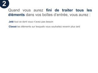 2
    Quand vous aurez fini de traiter tous les
    éléments dans vos boîtes d’entrée, vous aurez :
    Jeté tout ce dont vous n’avez pas besoin

    Classé les éléments sur lesquels vous souhaitez revenir plus tard
 