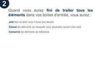 2
    Quand vous aurez fini de traiter tous les
    éléments dans vos boîtes d’entrée, vous aurez :
    Jeté tout ce dont vous n’avez pas besoin

    Classé les éléments sur lesquels vous souhaitez revenir plus tard

    Conservé les éléments de référence
 