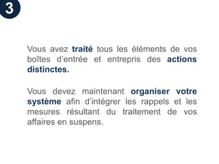 3

    Vous avez traité tous les éléments de vos
    boîtes d’entrée et entrepris des actions
    distinctes.

    Vous devez maintenant organiser votre
    système afin d’intégrer les rappels et les
    mesures résultant du traitement de vos
    affaires en suspens.
 