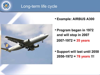 Long-term life cycle

                  • Example: AIRBUS A300

                  • Program began in 1972
                   and will stop in 2007
                   2007-1972 = 35 years


                  • Support will last until 2050
                   2050-1972 = 78 years !!!
 