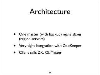 Architecture
•

One master (with backup) many slaves
(region servers)

•
•

Very tight integration with ZooKeeper
Client calls ZK, RS, Master

19

 