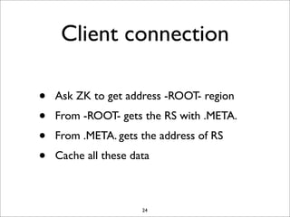 Client connection
•
•
•
•

Ask ZK to get address -ROOT- region
From -ROOT- gets the RS with .META.
From .META. gets the address of RS
Cache all these data

24

 