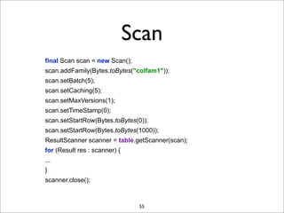 Scan
final Scan scan = new Scan();
scan.addFamily(Bytes.toBytes("colfam1"));
scan.setBatch(5);
scan.setCaching(5);
scan.setMaxVersions(1);
scan.setTimeStamp(0);
scan.setStartRow(Bytes.toBytes(0));
scan.setStartRow(Bytes.toBytes(1000));
ResultScanner scanner = table.getScanner(scan);
for (Result res : scanner) {
...
}
scanner.close();

55

 