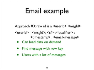 Email example
Approach #3: raw id is a <userId> <msgId>
<userId> - <msgId>: <cf> : <qualiﬁer> :
<timestamp> : <email-message>
Can load data on demand

•
•
•

Find message with row key
Users with a lot of messages

70

 