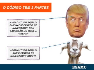 O CÓDIGO TEM 2 PARTES
<HEAD> TUDO AQUILO
QUE NÃO É EXIBIDO NO
NAVEGADOR, COM
EXCESSÃO DO TÍTULO.
</HEAD>
<BODY> TUDO AQUILO
QUE É EXIBIDO NO
NAVEGADOR.</BODY>
 