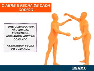 O ABRE E FECHA DE CADA
CÓDIGO
TOME CUIDADO PARA
NÃO APAGAR
ELEMENTOS.
<COMANDO> ABRE UM
COMANDO
</COMANDO> FECHA
UM COMANDO.
 