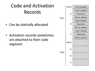 Code and Activation Records 
•Can be statically allocated 
•Activation records sometimes are attached to their code segment  