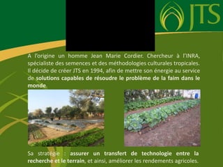 A l’origine un homme Jean Marie Cordier. Chercheur à l’INRA, spécialiste des semences et des méthodologies culturales tropicales. Il décide de créer JTS en 1994, afin de mettre son énergie au service de solutions capables de résoudre le problème de la faim dans le monde. Sa stratégie : assurer un transfert de technologie entre la recherche et le terrain, et ainsi, améliorer les rendements agricoles.
