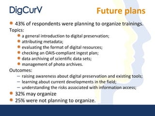 Future plans
43% of respondents were planning to organize trainings.
Topics:
a general introduction to digital preservation;
attributing metadata;
evaluating the format of digital resources;
checking an OAIS-compliant ingest plan;
data archiving of scientific data sets;
management of photo archives.
Outcomes:
– raising awareness about digital preservation and existing tools;
– learning about current developments in the field;
– understanding the risks associated with information access;
32% may organize
25% were not planning to organize.
 