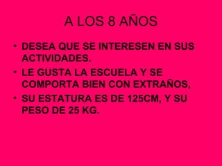 A LOS 8 AÑOS DESEA QUE SE INTERESEN EN SUS ACTIVIDADES. LE GUSTA LA ESCUELA Y SE COMPORTA BIEN CON EXTRAÑOS, SU ESTATURA ES DE 125CM, Y SU PESO DE 25 KG. 