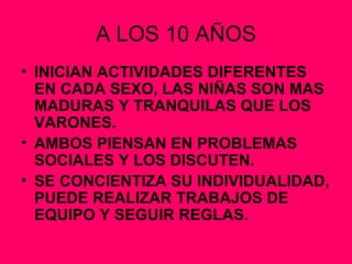 A LOS 10 AÑOS INICIAN ACTIVIDADES DIFERENTES EN CADA SEXO, LAS NIÑAS SON MAS MADURAS Y TRANQUILAS QUE LOS VARONES. AMBOS PIENSAN EN PROBLEMAS SOCIALES Y LOS DISCUTEN. SE CONCIENTIZA SU INDIVIDUALIDAD, PUEDE REALIZAR TRABAJOS DE EQUIPO Y SEGUIR REGLAS. 