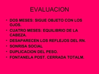EVALUACION DOS MESES: SIGUE OBJETO CON LOS OJOS. CUATRO MESES: EQUILIBRIO DE LA CABEZA. DESAPARECEN LOS REFLEJOS DEL RN. SONRISA SOCIAL DUPLICACION DEL PESO. FONTANELA POST. CERRADA TOTALM. 