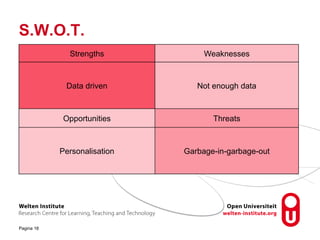 S.W.O.T.
Pagina 18
Strengths Weaknesses
Data driven Not enough data
Opportunities Threats
Personalisation Garbage-in-garbage-out
 
