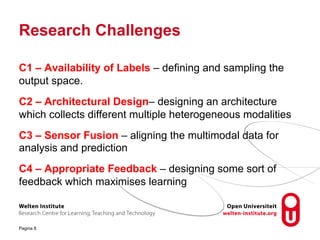 Research Challenges
C1 – Availability of Labels – defining and sampling the
output space.
C2 – Architectural Design– designing an architecture
which collects different multiple heterogeneous modalities
C3 – Sensor Fusion – aligning the multimodal data for
analysis and prediction
C4 – Appropriate Feedback – designing some sort of
feedback which maximises learning
Pagina 8
 