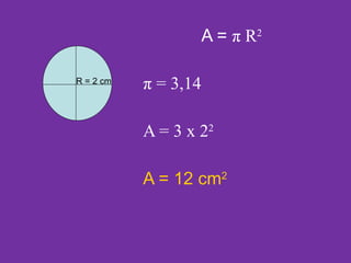 A =  π  R 2 π  = 3,14 A = 3 x 2 2 A = 12 cm 2 R = 2 cm 