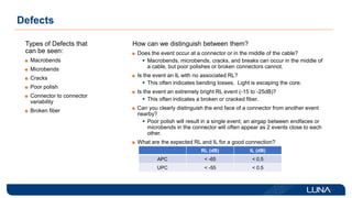 Defects
Types of Defects that
can be seen:
Macrobends
Microbends
Cracks
Poor polish
Connector to connector
variability
Broken fiber
How can we distinguish between them?
Does the event occur at a connector or in the middle of the cable?
 Macrobends, microbends, cracks, and breaks can occur in the middle of
a cable, but poor polishes or broken connectors cannot.
Is the event an IL with no associated RL?
 This often indicates bending losses. Light is escaping the core.
Is the event an extremely bright RL event (-15 to -25dB)?
 This often indicates a broken or cracked fiber.
Can you clearly distinguish the end face of a connector from another event
nearby?
 Poor polish will result in a single event; an airgap between endfaces or
microbends in the connector will often appear as 2 events close to each
other.
What are the expected RL and IL for a good connection?
RL (dB) IL (dB)
APC < -65 < 0.5
UPC < -55 < 0.5
 