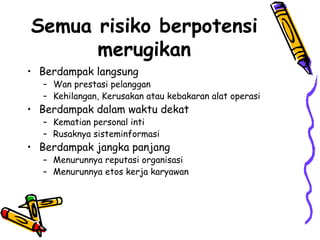 Semua risiko berpotensi merugikan Berdampak langsung Wan prestasi pelanggan Kehilangan, Kerusakan atau kebakaran alat operasi Berdampak dalam waktu dekat Kematian personal inti Rusaknya sisteminformasi Berdampak jangka panjang Menurunnya reputasi organisasi Menurunnya etos kerja karyawan 