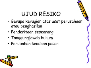 UJUD RESIKO Berupa kerugian atas aset perusahaan atau penghasilan Penderitaan seseorang Tanggungjawab hukum Perubahan keadaan pasar 