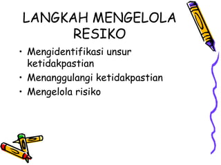 LANGKAH MENGELOLA RESIKO Mengidentifikasi unsur ketidakpastian Menanggulangi ketidakpastian Mengelola risiko 