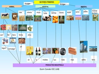 MATERIES PRIMERES ANIMAL VEGETAL MINERAL D’origen D’origen llet carn llana farina blat olivera vinya fusta taronja cautxú argila sorra pedra mineral de ferro pa formatge/ vi mobles suc roda maó edifici ferro Iogurt oliva oli PRODUCTES INDUSTRIALS 