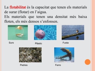 La flotabilitat és la capacitat que tenen els materials
de surar (flotar) en l’aigua.
Els materials que tenen una densitat més baixa
floten, els més densos s’enfonsen.
Suro FustaPlàstic
Pedres Ferro
 