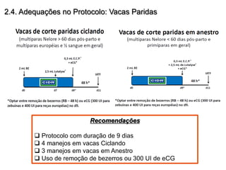 2.4. Adequações no Protocolo: Vacas Paridas 
Recomendações 
q Protocolo com duração de 9 dias 
q 4 manejos em vacas Ciclando 
q 3 manejos em vacas em Anestro 
q Uso de remoção de bezerros ou 300 UI de eCG 
 