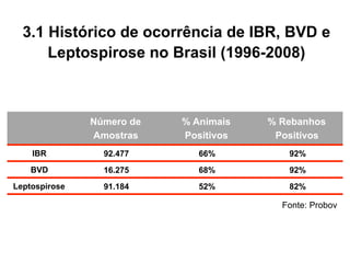 3.1 Histórico de ocorrência de IBR, BVD e 
Leptospirose no Brasil (1996-2008) 
Fonte: Probov 
Número de 
Amostras 
% Animais 
Positivos 
% Rebanhos 
Positivos 
IBR 92.477 66% 92% 
BVD 16.275 68% 92% 
Leptospirose 91.184 52% 82% 
 