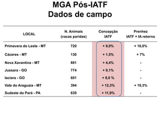 MGA Pós-IATF 
Dados de campo 
LOCAL 
N. Animais 
(vacas paridas) 
Concepção 
IATF 
Prenhez 
IATF + IA retorno 
Primavera do Leste - MT 720 + 9,0% + 16,0% 
Cáceres - MT 130 + 1,5% + 7% 
Nova Xavantina - MT 881 + 4,4% - 
Jussara - GO 774 + 9,1% - 
Iaciara - GO 601 + 8,0 % - 
Vale do Araguaia - MT 394 + 12,3% + 19,3% 
Sudeste do Pará - PA 639 + 11,9% - 
 