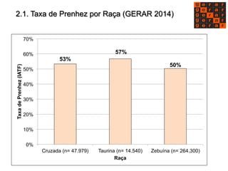 2.1. Taxa de Prenhez por Raça (GERAR 2014) 
53% 
57% 
50% 
70% 
60% 
IATF) 
50% 
(Prenhez 40% 
30% 
de Taxa 20% 
10% 
0% 
Cruzada (n= 47.979) Taurina (n= 14.540) Zebuína (n= 264.300) Raça 
 