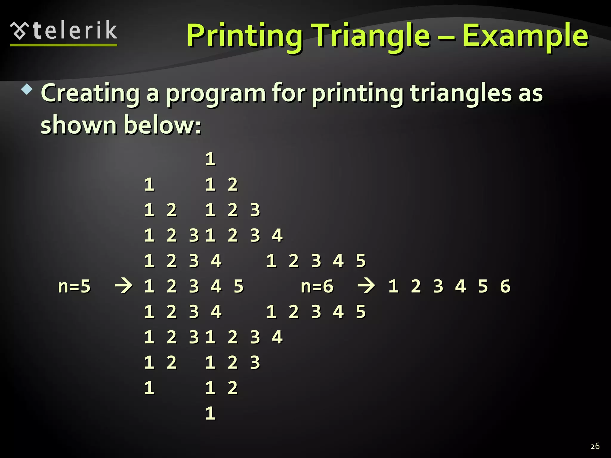 Printing Triangle – ExamplePrinting Triangle – Example
 Creating a program for printing triangles asCreating a program for printing triangles as
shown below:shown below:
11
11 1 21 2
1 21 2 1 2 31 2 3
1 2 31 2 3 1 2 3 41 2 3 4
1 2 3 41 2 3 4 1 2 3 4 51 2 3 4 5
n=5n=5  1 2 3 4 51 2 3 4 5 n=6n=6  1 2 3 4 5 61 2 3 4 5 6
1 2 3 41 2 3 4 1 2 3 4 51 2 3 4 5
1 2 31 2 3 1 2 3 41 2 3 4
1 21 2 1 2 31 2 3
11 1 21 2
11
26
 
