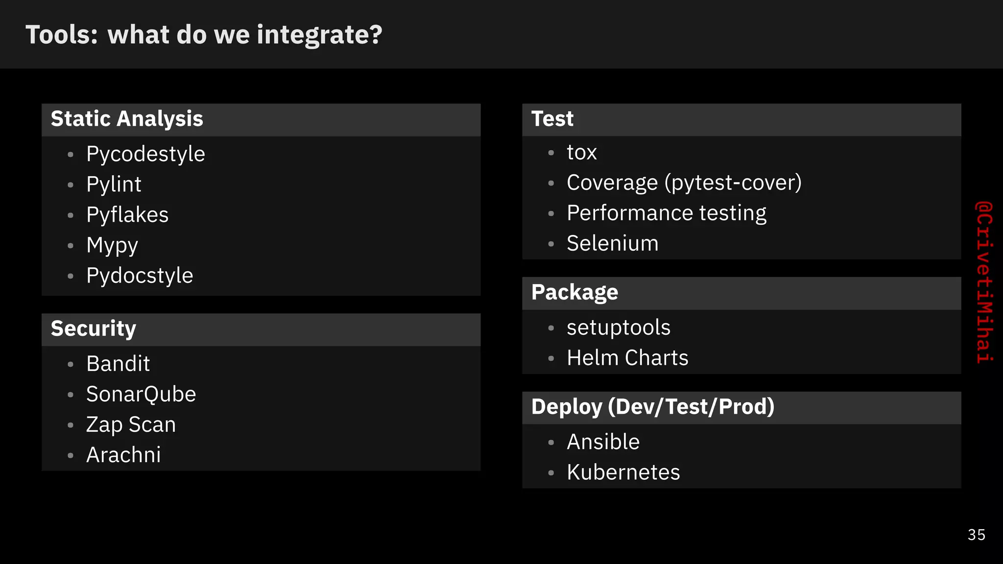 Tools: what do we integrate?
Static Analysis
• Pycodestyle
• Pylint
• Pyflakes
• Mypy
• Pydocstyle
Security
• Bandit
• SonarQube
• Zap Scan
• Arachni
Test
• tox
• Coverage (pytest-cover)
• Performance testing
• Selenium
Package
• setuptools
• Helm Charts
Deploy (Dev/Test/Prod)
• Ansible
• Kubernetes
35
 